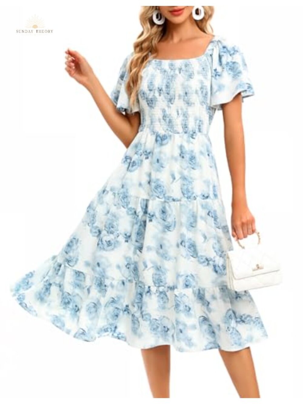 Womens Floral Smocked Midi Dress Square Neck Short Puff Sleeve